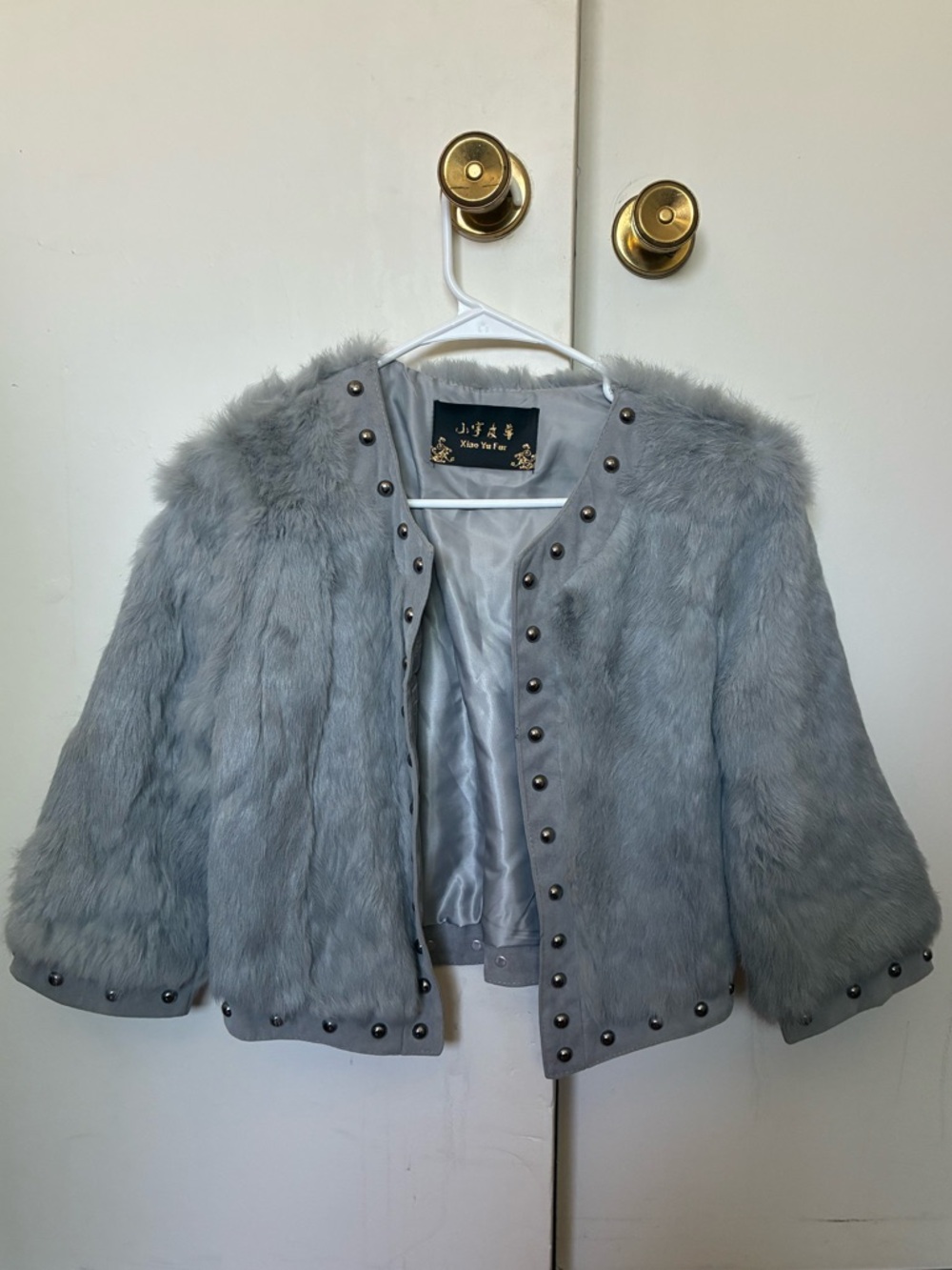 Women’s Small Light Gray Genuine Fur Studded Jacket